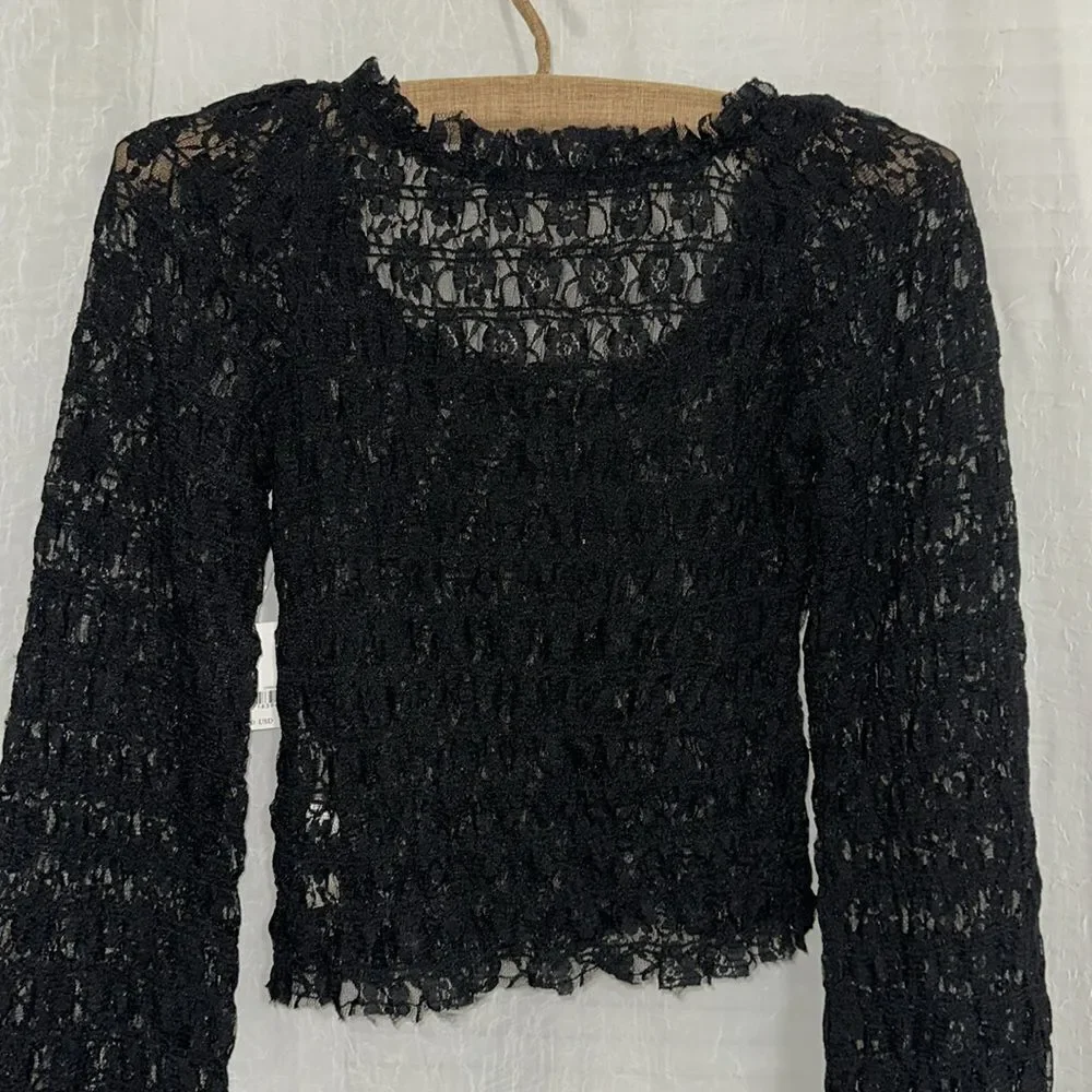 free people XS-S Madison Black Hook Eye Cropped Bell Sleeve Lace Top